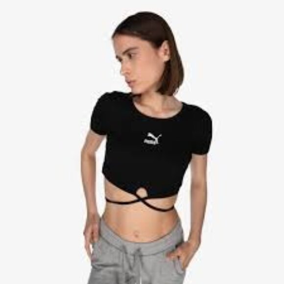 Puma Classic Fit Ribbed Crop Tee Black String Tie Bottom Hem Women's Medium - Picture 2 of 6